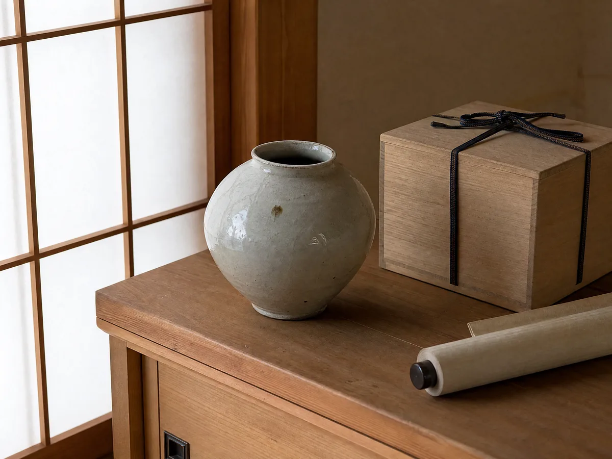 日本の住まいで共箱と一緒に保管された陶磁器のイメージ