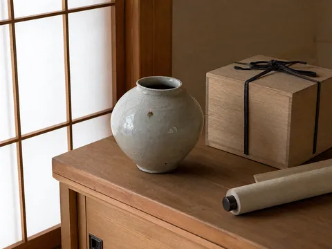 日本の住まいで共箱と一緒に保管された陶磁器のイメージ