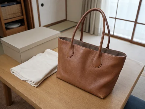 日本の住まいの机に置かれた使用感のあるバッグと保存箱