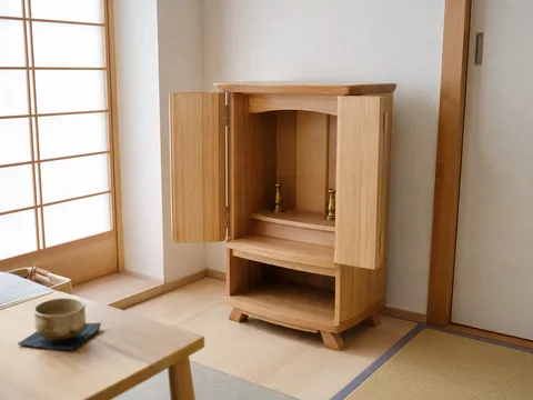 明るい日本の住まいに置かれた家具調仏壇のイメージ