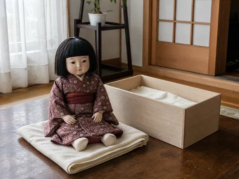 日本の住まいで無地の収納箱と一緒に置かれた市松人形のイメージ