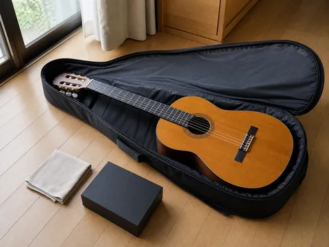 日本の住まいで開いたケースに収めたクラシックギターのイメージ