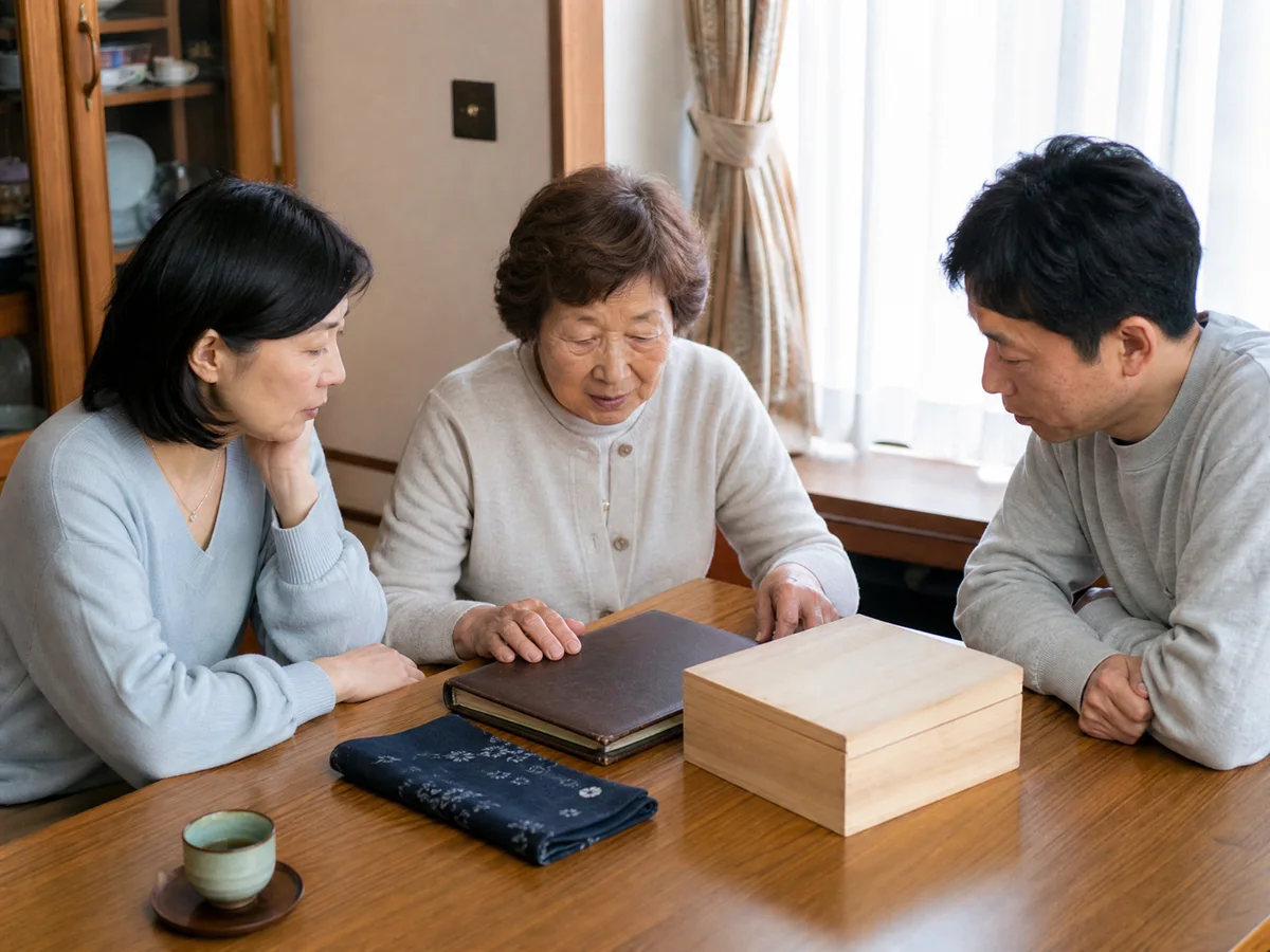 日本の住まいで本人と家族が品物の行き先を相談するイメージ